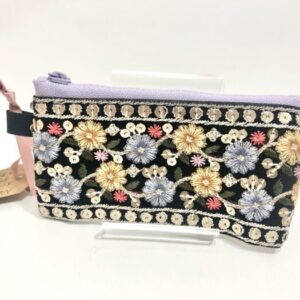 caf 14 インド刺繍リボンポーチ ブラックラメ花